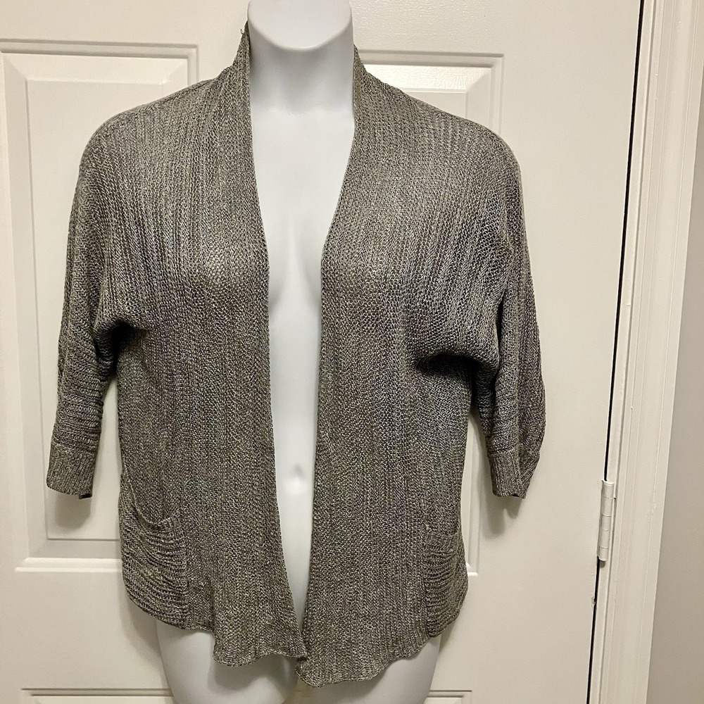 Eileen Fisher Medium Sweater Gray 3/4 Sleeve‎ Open Front Knit Cardigan Women's